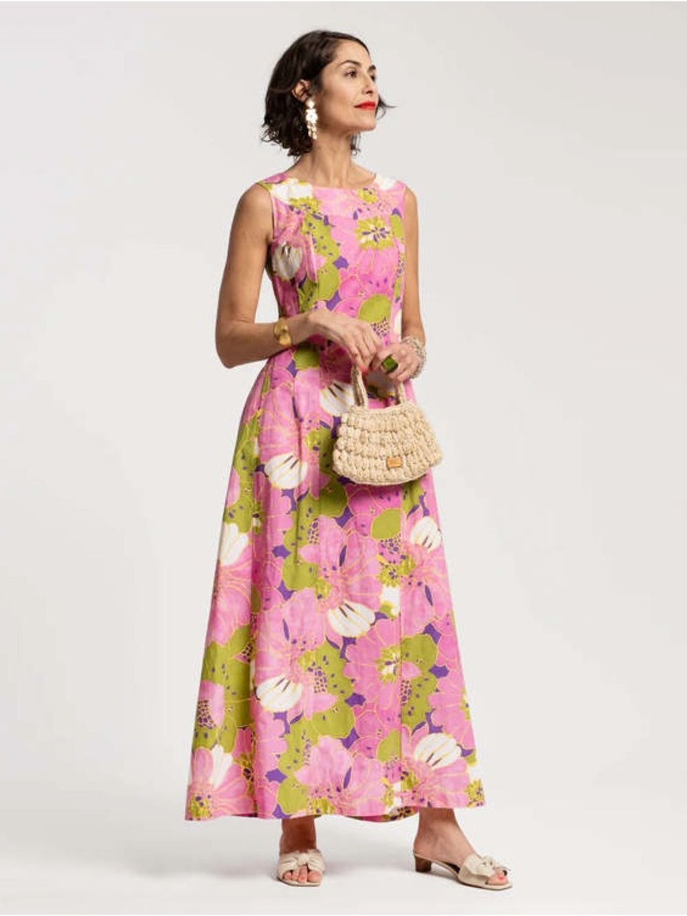 Vibrant Floral Maxi Dress in Pink and Green